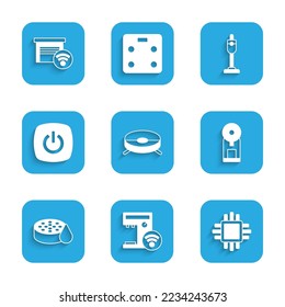 Set Robot vacuum cleaner, Smart coffee machine, Processor with CPU, Water sensor, home, Vacuum and garage icon. Vector