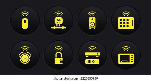 Set Robot vacuum cleaner, Wireless tablet, Smart safe combination lock, TV box receiver, stereo speaker, sensor, microwave oven and mouse icon. Vector