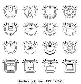 Set of Robot vacuum cleaners. Household cleaning equipment. Vector illustration in outline style isolated on white background.