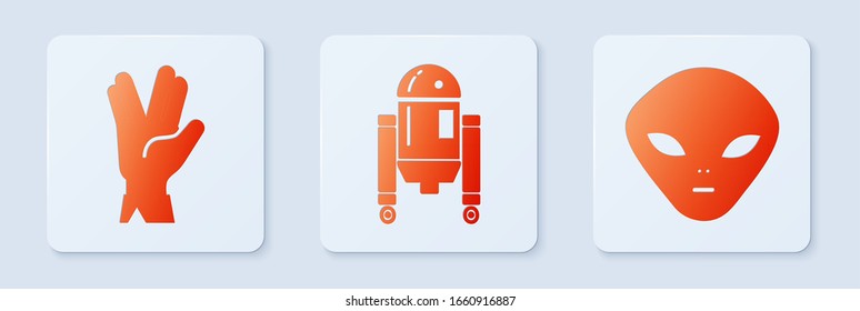 Set Robot, Vulcan salute and Alien. White square button. Vector