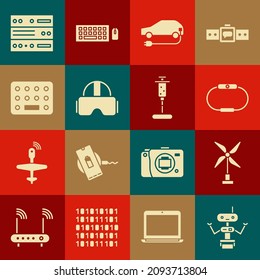 Set Robot, Wind turbine, Smartwatch, Electric car, Virtual reality glasses, Pills blister pack, Server, Data, Web Hosting and Syringe icon. Vector
