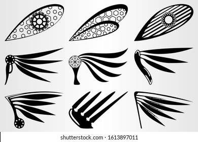 A set of robot wings of the future. Wings in the style of manga. Black and white set of wings from various mechanisms. The cyberpunk style. Tattoo drawing. Vector illustration.
