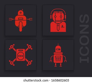 Set Robot, Robot, Worker robot and Drone flying with action camera icon. Vector