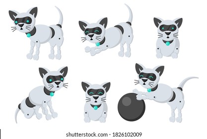 A set of robot-cat in various positions: lying, sitting, standing, playing, pulling up. Imitation of a real cat in robotics. Vector image on white background