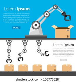 Set of robotic arms. Robotic arm manufacture. Packaging concept. Cartoon style icon. Vector illustration on white and blue background.