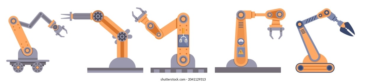 Colección de elementos de diseño de armamento robótico aislada en fondo blanco. Manos Robot, Manipuladores Industriales, Tecnología Moderna De Automatización De La Industria Inteligente. Ilustración de vectores de dibujos animados, iconos