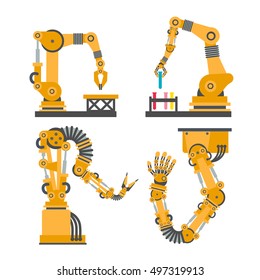 Set of robotic arms, hands. Vector robot icons set. Industrial technology and factory symbols. Flat illustration isolated on white background