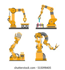 Conjunto de braços robóticos, mãos. Ícones de robô vetorial definidos. Tecnologia industrial e símbolos de fábrica. Ilustração plana isolada em fundo branco