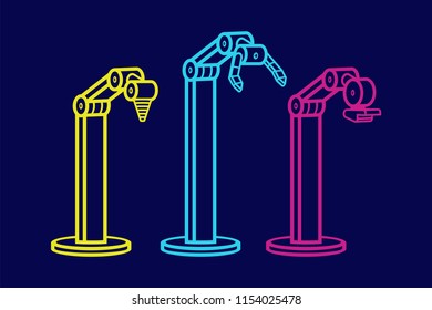 Set of robotic arms. line style. isolated on blue background