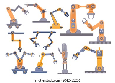 Set of Robotic Arms and Mechanic Claws Collection Isolated on White Background. Robot Automated Hands, Industrial Manipulators for Work at Plant, Modern Technology. Cartoon Vector Illustration, Icons