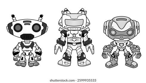 Set of robotic character black and white detailed robot for chatbot concepts projects Electronic equipment and humanoid on background