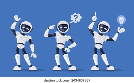 Set of robotic chat bots in different poses. Cute smiling robot chat bot raised his hand in greeting. The robot thought about it and found a solution. Vector illustration isolated on blue background.