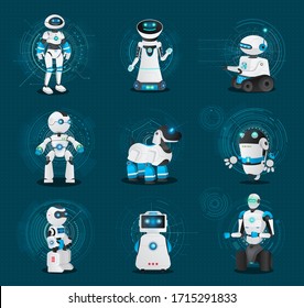 Set of robotic creatures. Collection of humanoids and androids of different shapes and model. Robot dog and bot on wheels. Futuristic characters with artificial intelligence, vector illustration