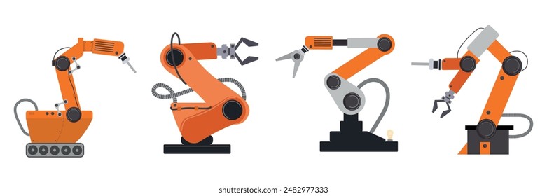 Conjunto de dispositivos robóticos en estilo de dibujos animados. Ilustración vectorial de robots manipuladores industriales para clasificación en una cinta transportadora aislada sobre fondo blanco. Ejecución de diversos procesos de producción.