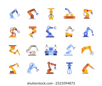 Conjunto de ícones manuais robóticos. Sinais coloridos com manipuladores automatizados de robôs industriais para fábricas e plantas. Design para aplicativo. Coleção de ilustrações de vetor plana isolada no plano de fundo branco
