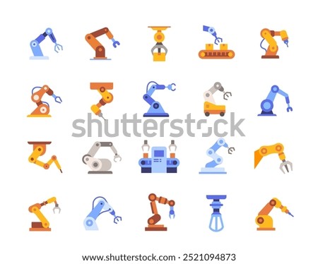 Set of robotic hand icons. Colorful signs with automated industrial robot manipulators for factories and plants. Design for app. Flat vector illustration collection isolated on white background
