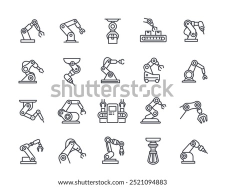 Set of robotic hand line icons. Simple symbols with automated industrial robot manipulators for factories. Editable stroke. Outline vector illustration collection isolated on white background