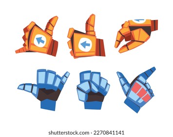 Set of robotic hand showing various gestures. Mechanical palm doing thumbs up, call, fist gesture cartoon vector illustration