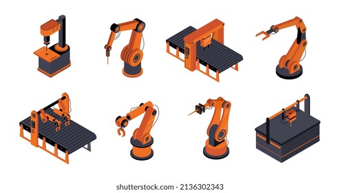 Set of robotic hand. Stickers with modern mechanical equipment for manufacturing, factories and industry. Design elements for website. Cartoon isometric collection isolated on white background