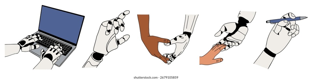 Set of robotic hands interacting with human hands, typing on a laptop, drawing, and gesturing. Minimalist black-and-white line art, Vector illustration isolated on white background.