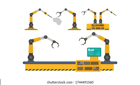 Set of robotic hands. A mechanical robot with a tentacle. Modern industrial technology. Appliances for manufacturing enterprises. Isolated. Vector.