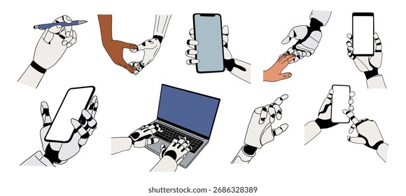 Set of robotic and human hands interacting—typing, drawing, gesturing, holding smartphone—in minimalist colored outline vector style, isolated on white background