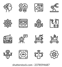 Set of Robotic Related Vector Line Icons. manufacture, manufacturing, engineer, process, production, artificial, gear, future, engine, factory, science, smart, automation, engineering