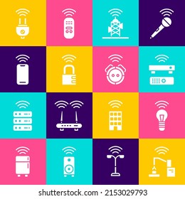 Set Robotic robot arm hand factory, Smart light bulb, Wireless TV box receiver, antenna, safe combination lock, smartphone, electric plug and vacuum cleaner icon. Vector