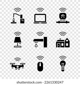 Set Robotic robot arm hand factory, Wireless laptop, Smart sensor, drone, mouse, light bulb, table lamp and water tap icon. Vector