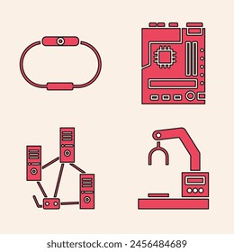 Set Robotic robot arm hand factory, Smartwatch, Motherboard and Computer network icon. Vector