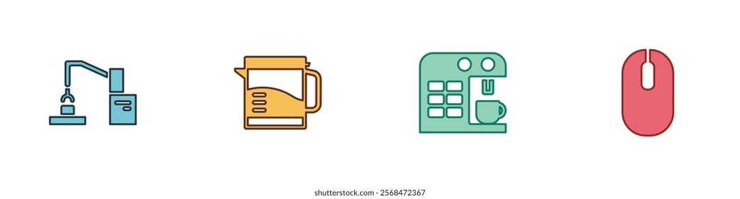 Set Robotic robot arm hand factory, Electric kettle, Coffee machine and Computer mouse icon. Vector