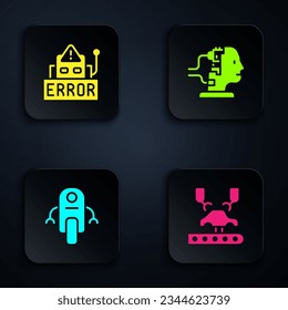 Set Robotic robot arm on factory, Error in,  and for maintenance. Black square button. Vector