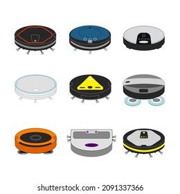 A set of robotic vacuum cleaners of different designs on an isolated white background. Vacuum cleaner robots icons.