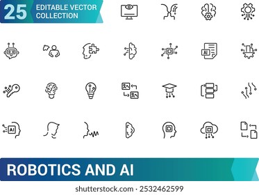 Set of robotics and AI icons. Set with robot and bot technology, artificial intelligence, engineering, automated machinery. Editable stroke.