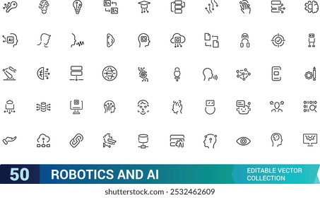 Set of robotics and AI icons. Set with robot and bot technology, artificial intelligence, engineering, automated machinery. Editable stroke.