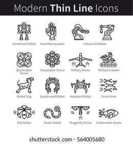 Set of robotics. Civilian, industrial and military robots, drones and quadcopter. Modern thin line art icons. Linear style illustrations isolated on white.