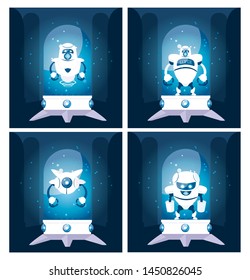 set of robots cartoon over blue background