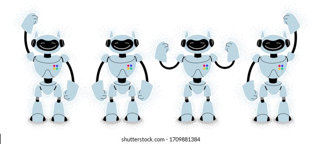 set of robots. Cute cartoon droids on a white background with different position of hands. vector illustration in a flat style. bots, androids.