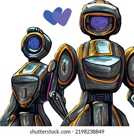 Set of robots. Cute robots in love, flat design. futuristic, future