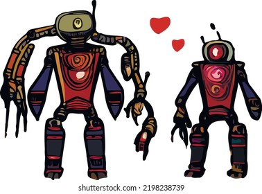 Set of robots. Cute robot family, flat design, cyborg family, metal, futuristic 