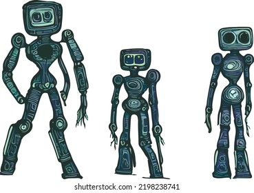 Set of robots. Cute robot family, flat design, cyborg family, metal, futuristic 
