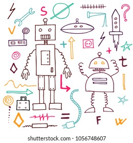 Set of Robots and different items. Sketch. Isolated on white. Vector illustration.