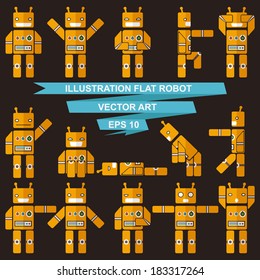 set of robots with emotions, poses, equipment, technical background, flat illustration