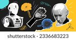 Set of robots and flowers.Collage design elements in trendy dotted pop art style. Collage Template of Vector Art of technology robot future. Vector illustration 