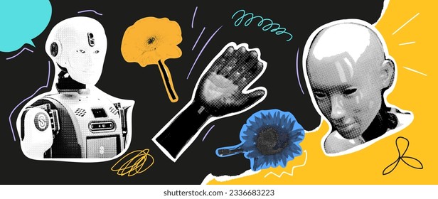 Set of robots and flowers.Collage design elements in trendy dotted pop art style. Collage Template of Vector Art of technology robot future. Vector illustration 