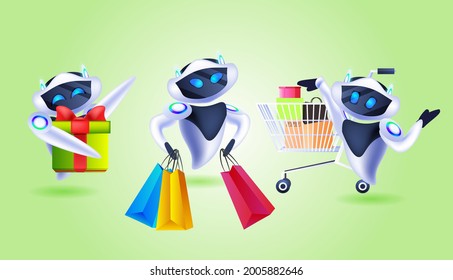 set robots holding shopping bags and gifts special offer shopping sale artificial intelligence concept