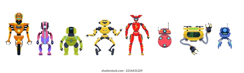 Set of robots isolated. Big collection of androids, robots, chatbots, drones. Artificial intelligence, cute cyborg friends for kids.  Science fiction characters. Modern androids, mascots. Flat vector 