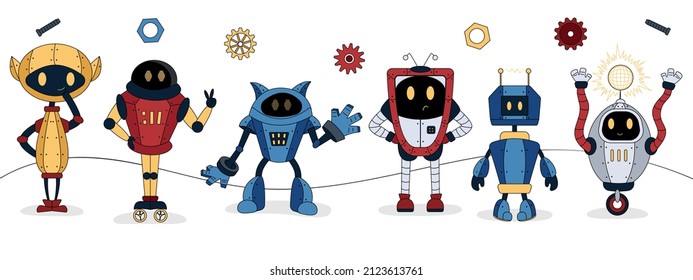 set of robots, metal robot, robot in steampunk style, robot for children, icon with a robot,	 humanoid, toys,robotics, print for kids