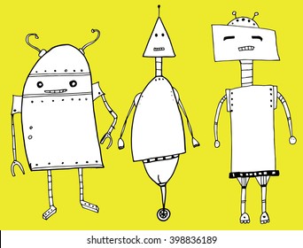 A set of robots. Newcomers. Aliens. Line art. Black and white drawing by hand. Stylized.