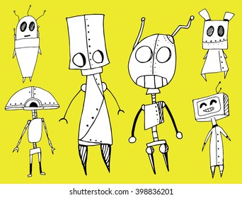 A set of robots. Newcomers. Aliens. Line art. Black and white drawing by hand. Stylized.